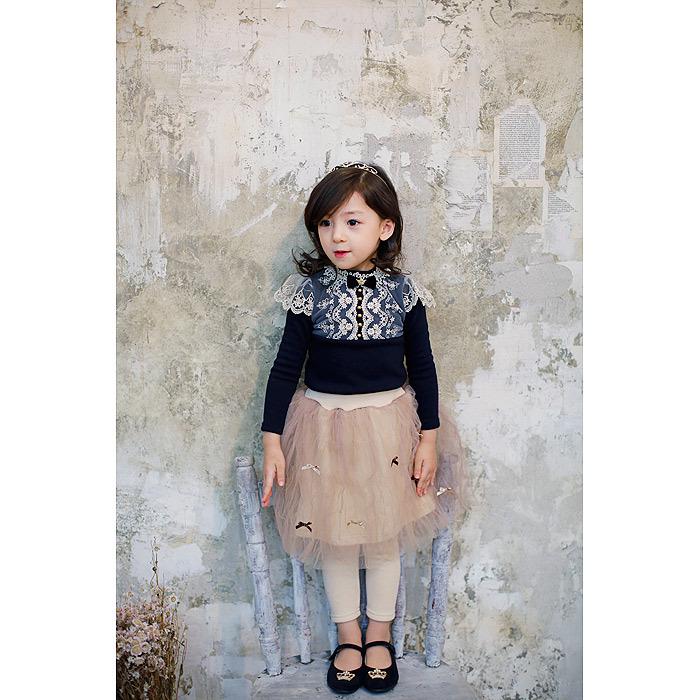 Girls' Thickened Lace Beaded Warm Fleece-lined Winter T-shirt