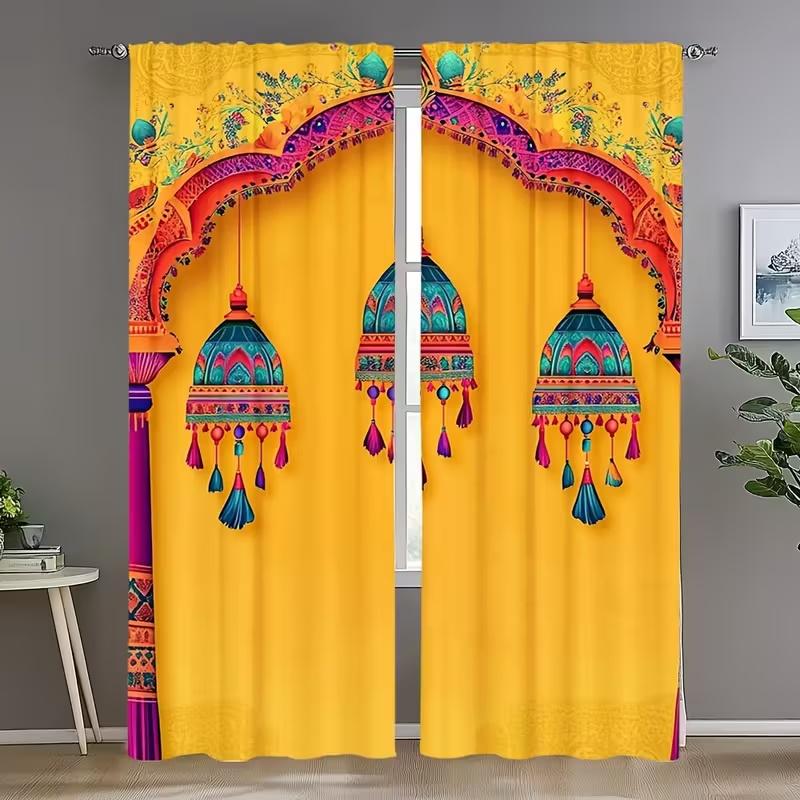 2PcsRetro patterned pendant print curtains,suitable for bedroom,living room kitchen decoration,home decoration,window decoration