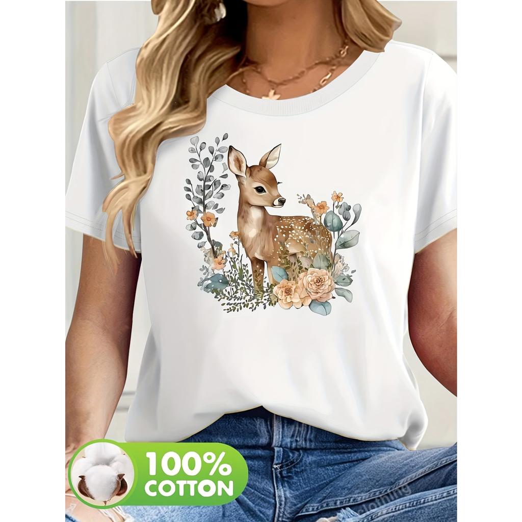 Deer Pattern Print Women'S Clothing 100% Short-Sleeved T-Shirt NC-123