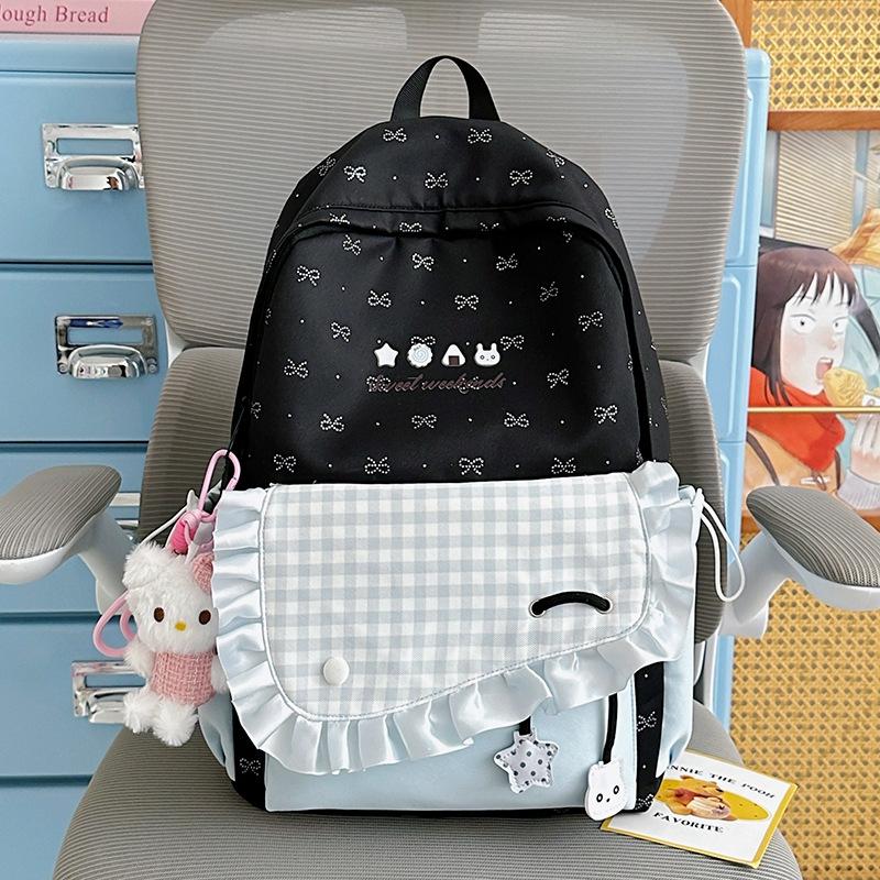 Schoolbag Waxy Jiji Cream Lotus Leaf Edge School Bag Niche Bow Embroidery Girl Plaid Color Matching Junior High School Backpack