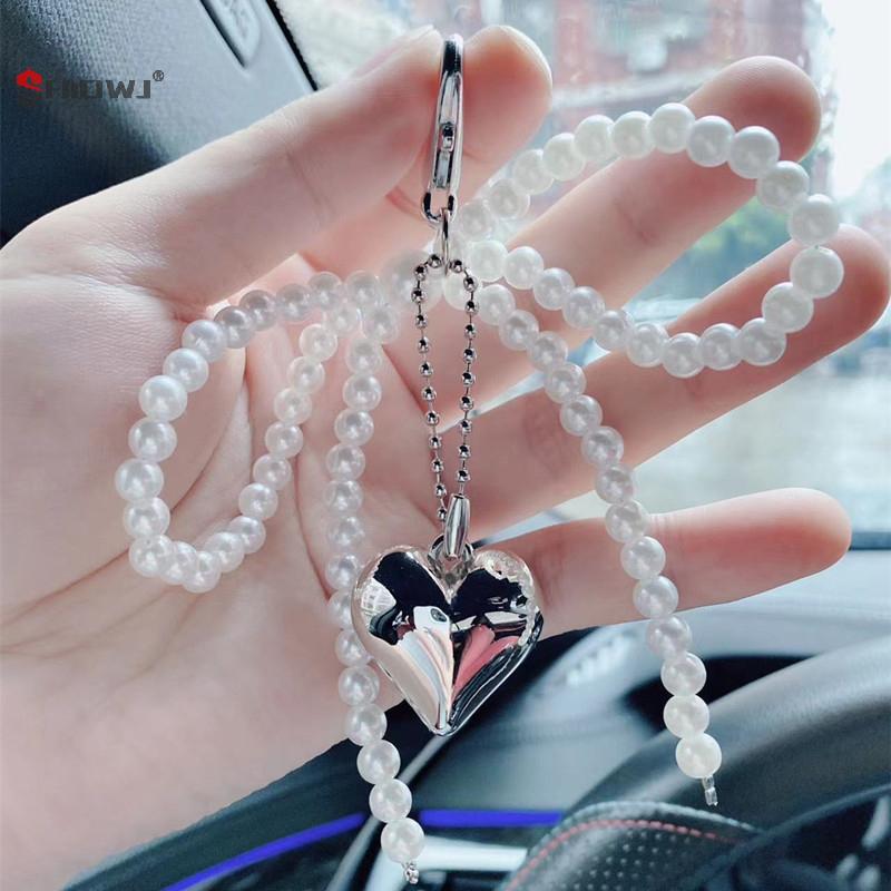 1Pc Pearl Bowknot Heart Pendant Keychain Beaded Phone Charm Detachable Bows Lanyard Handmade Keyring Jewelry For Bag Purse