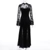 GlowGirl AltGoth Aesthetic Gothic Midi Dress Women Vintage Elagnt Lace Patchwork See Through Flare Sleeve High Waist Clubwear Dress Femme