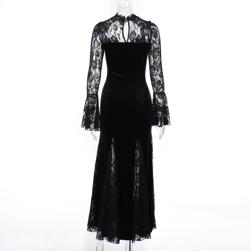 GlowGirl AltGoth Aesthetic Gothic Midi Dress Women Vintage Elagnt Lace Patchwork See Through Flare Sleeve High Waist Clubwear Dress Femme