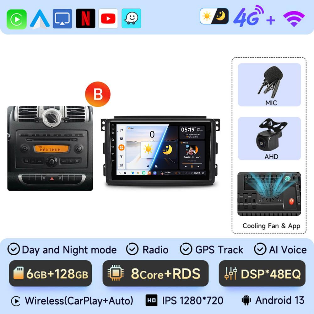 JIUYIN Android 13 Auto Radio Smart Fortwo 451 2005 - 2015 Wireless Carplay 4G Car Multimedia GPS 2din Autoradio