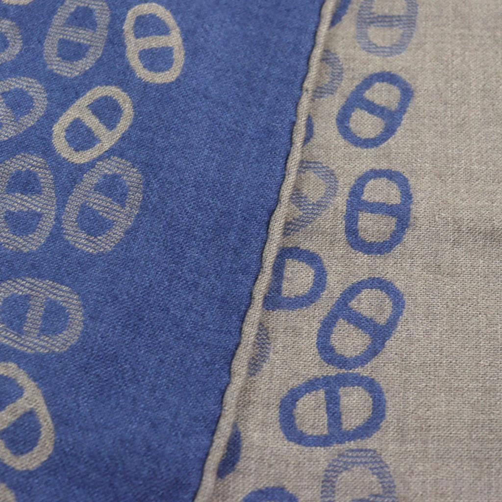 Great HERMES Scarf Bicolor Scarf Blue Light Brown Cashmere Mens Used