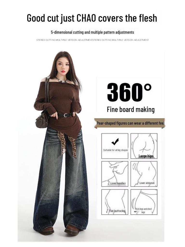 Women's Retro High Waist Blue Wide-Leg Jeans - Versatile, Loose Fit, Autumn Fashion.