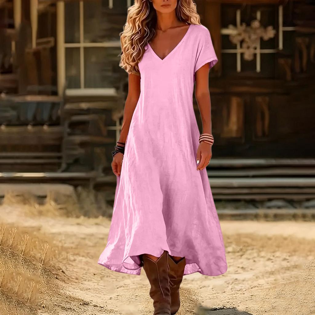 Fashion Women's Color V-neck Long Dress Loose