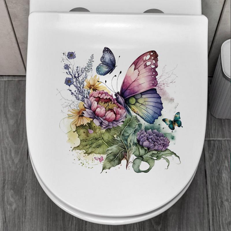 Butterfly Flower Toilet Sticker Self Adhesive Bathroom Wall Decoration Waterproof Removable Vinyl Art