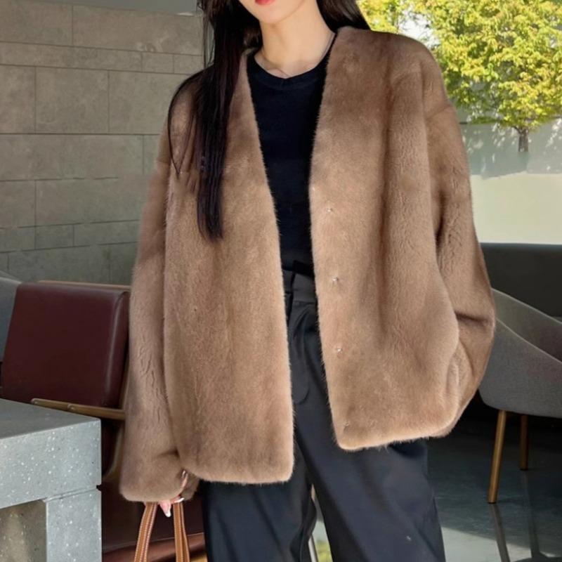 Autumn and Winter New Women Fashion Faux Fur V-neck Coat