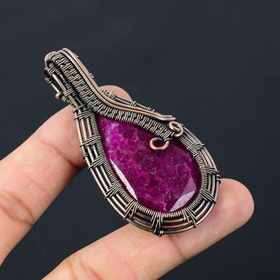 Lab-Created Ruby Gemstone Pure Copper Wire Wrapped Handmade Pendant Jewelry