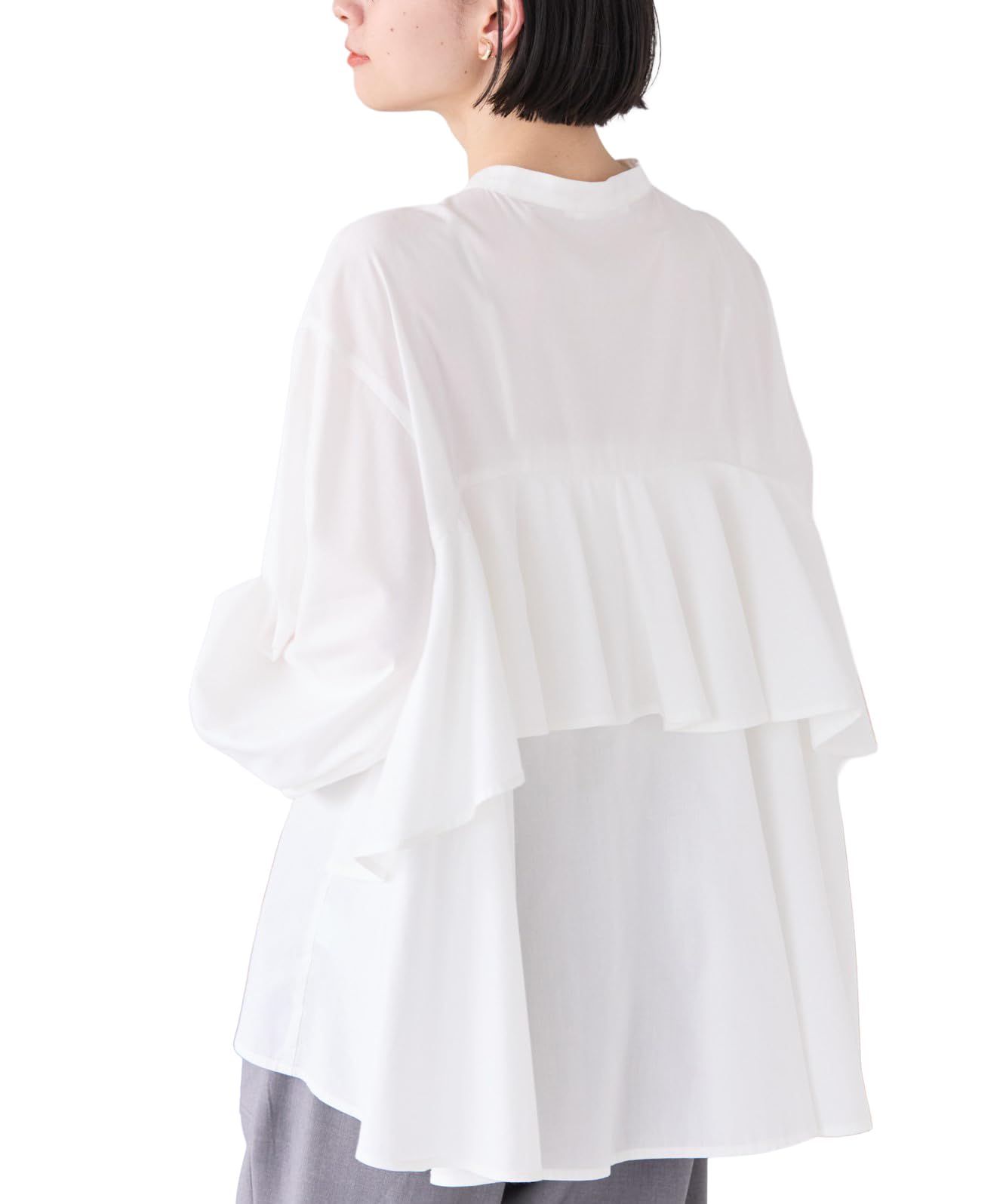 

American Holik Casual Back Frill Band Collar Shirt for Women, Off-White