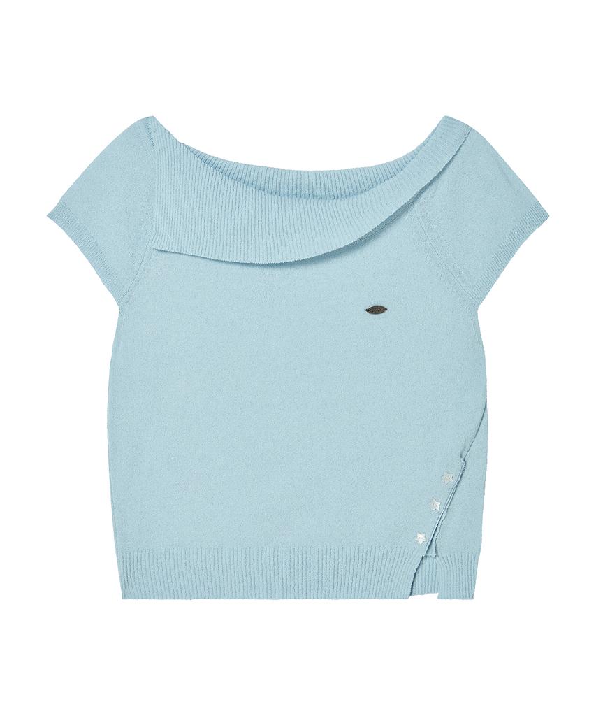 AWESOME STUDIO Asymmetrical Collar Off-Shoulder Knit Light Blue