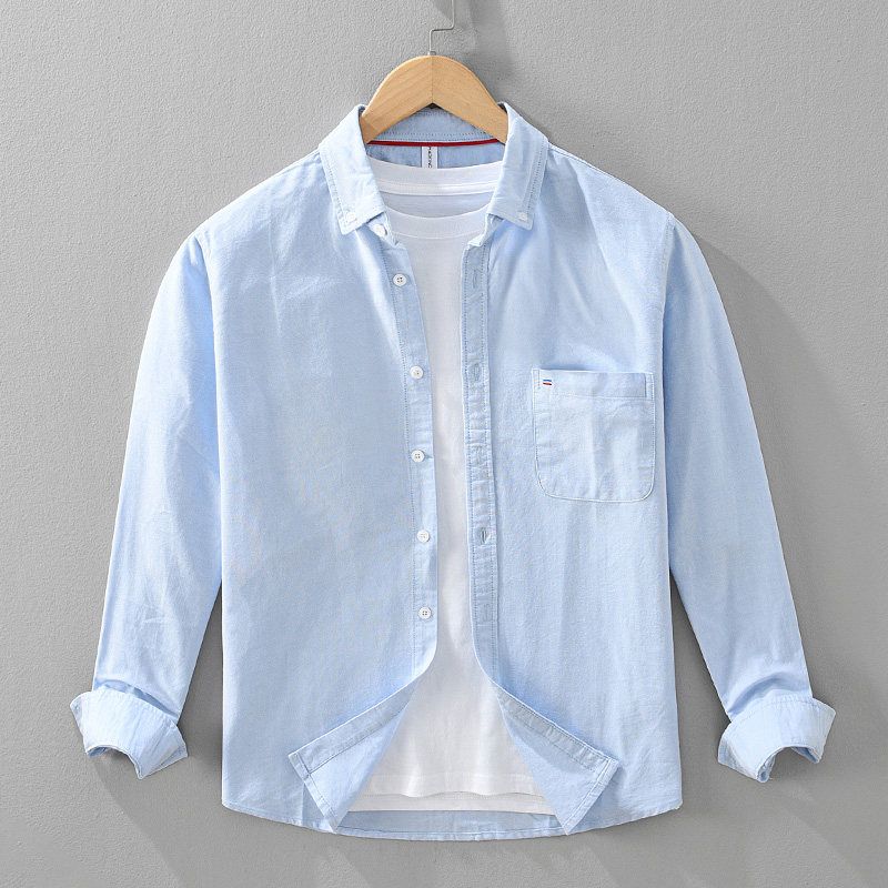 Clearance Cotton Long-Sleeve Shirt for Men, Spring and Autumn, Young Artistic Style, White Shirt with Embroidery, Casual Shirt Blue L