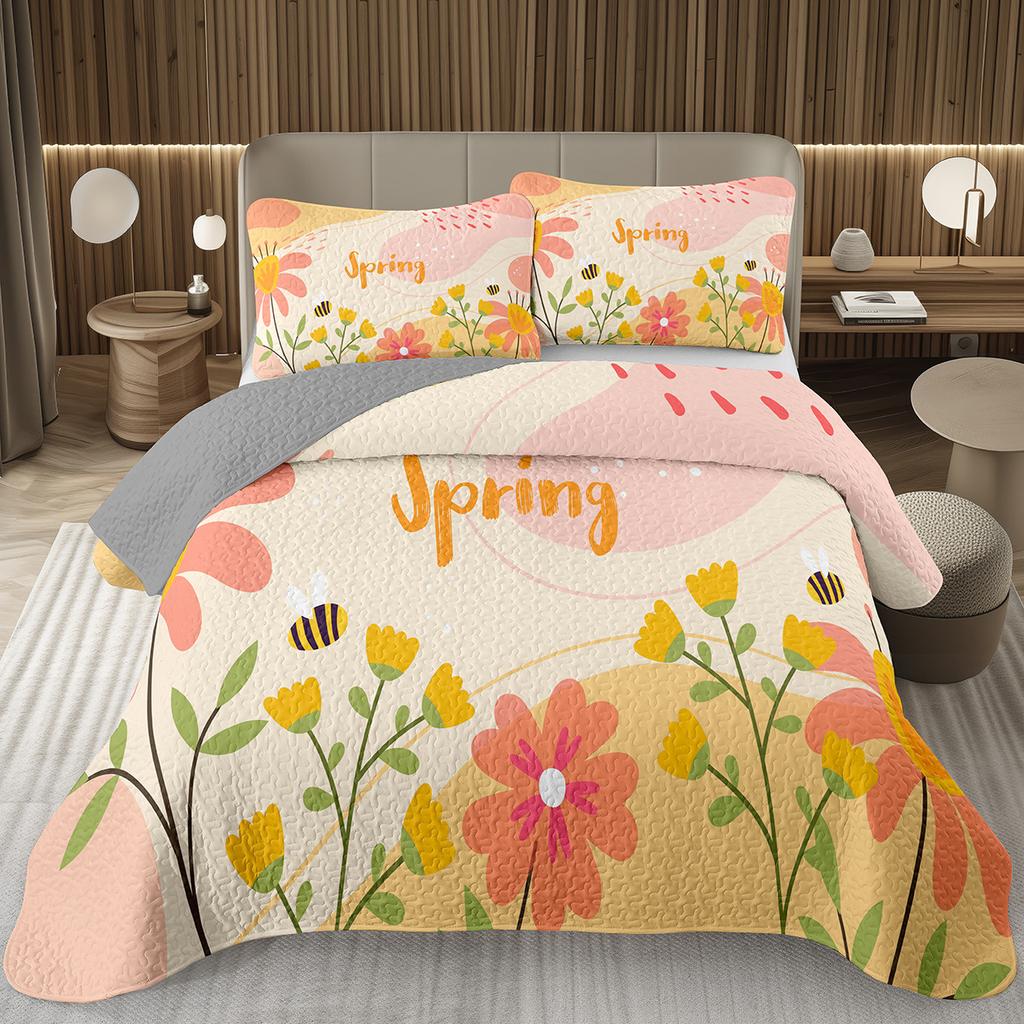 Spring Garden Flower Bedspread for Girls Teen Botanical Floral Coverlet Twin Queen Quilt Set Reversible Grey Quilted Bedding Set