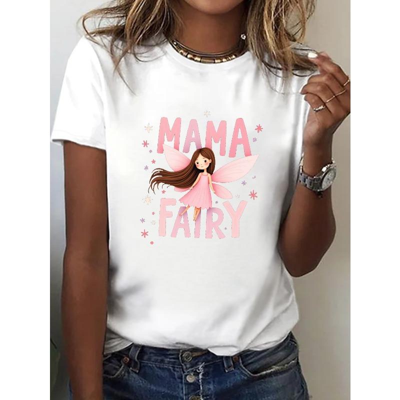 

Short-Sleeved Crew Neck Casual Top Featuring a Sparkly MAMA FAIRY Print, Perfect for Summer And Spring, Designed for Women S белый