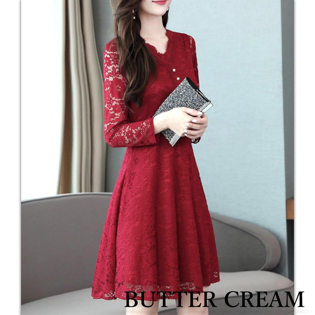 Butter Cream Wedding Guest Long Perfect for Women in Their and Perfect for and Entrance Size L Dress, Dress, Sleeve, Lace, A-Line, Elegant, Feminine,
