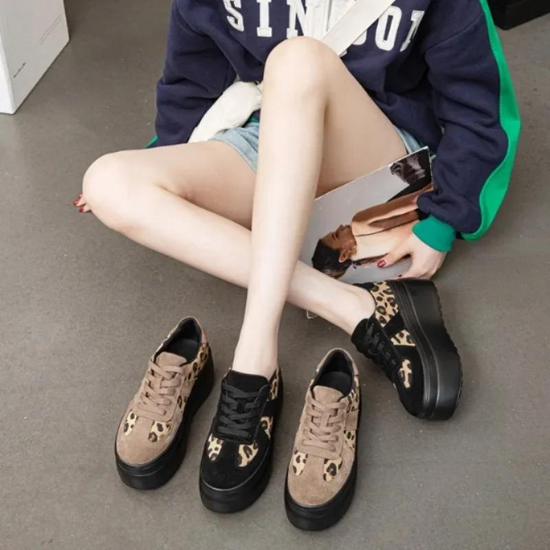 Fashion 8CM Genuine Leather Women Streth Fabric Autumn Chunky Sneaker Vulcanize Leopard Loafer Flats Spring Platform Wedge Fashion Shoes