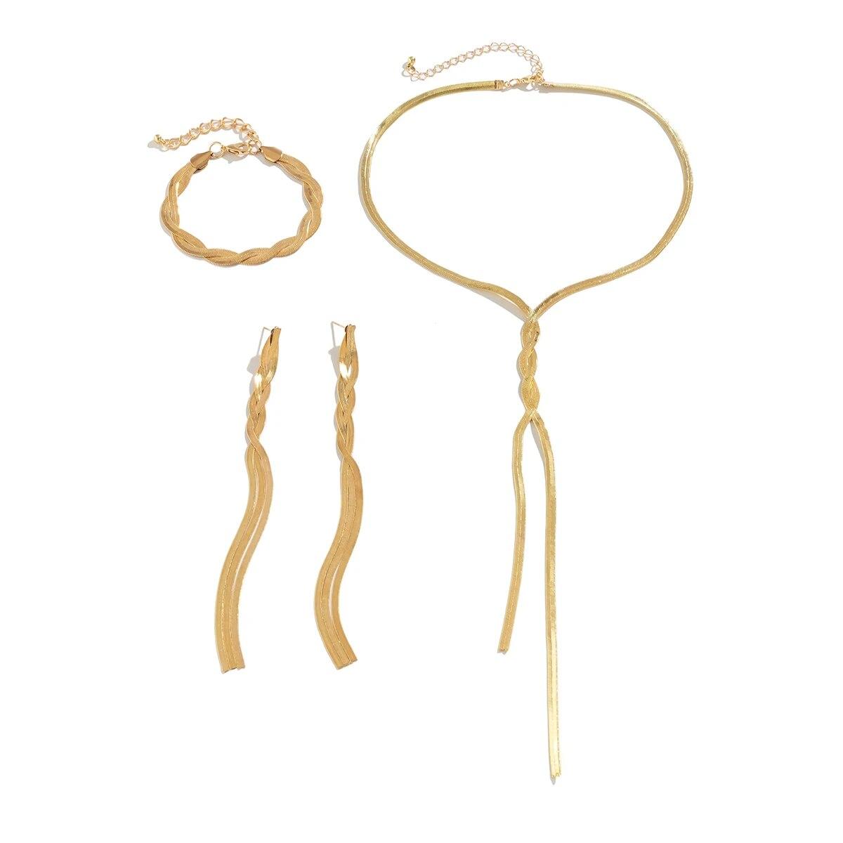 

3Pcs/Set Fashion Necklace Bracelet Earring Set Gold Color Long V-shaped Tassel Snake Chain Accessory for Women Accessories Gift