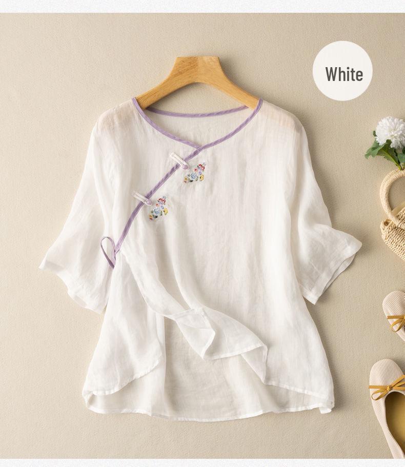 

Женская хлопково-льняная рубашка с вышивкой, коротким рукавом и косым воротником, 2024 XL 115-130 lbs белый