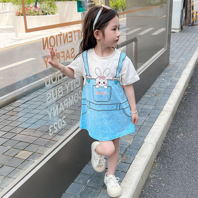 Girls Summer Korean Princess Dress with Fake Layered Suspender Design