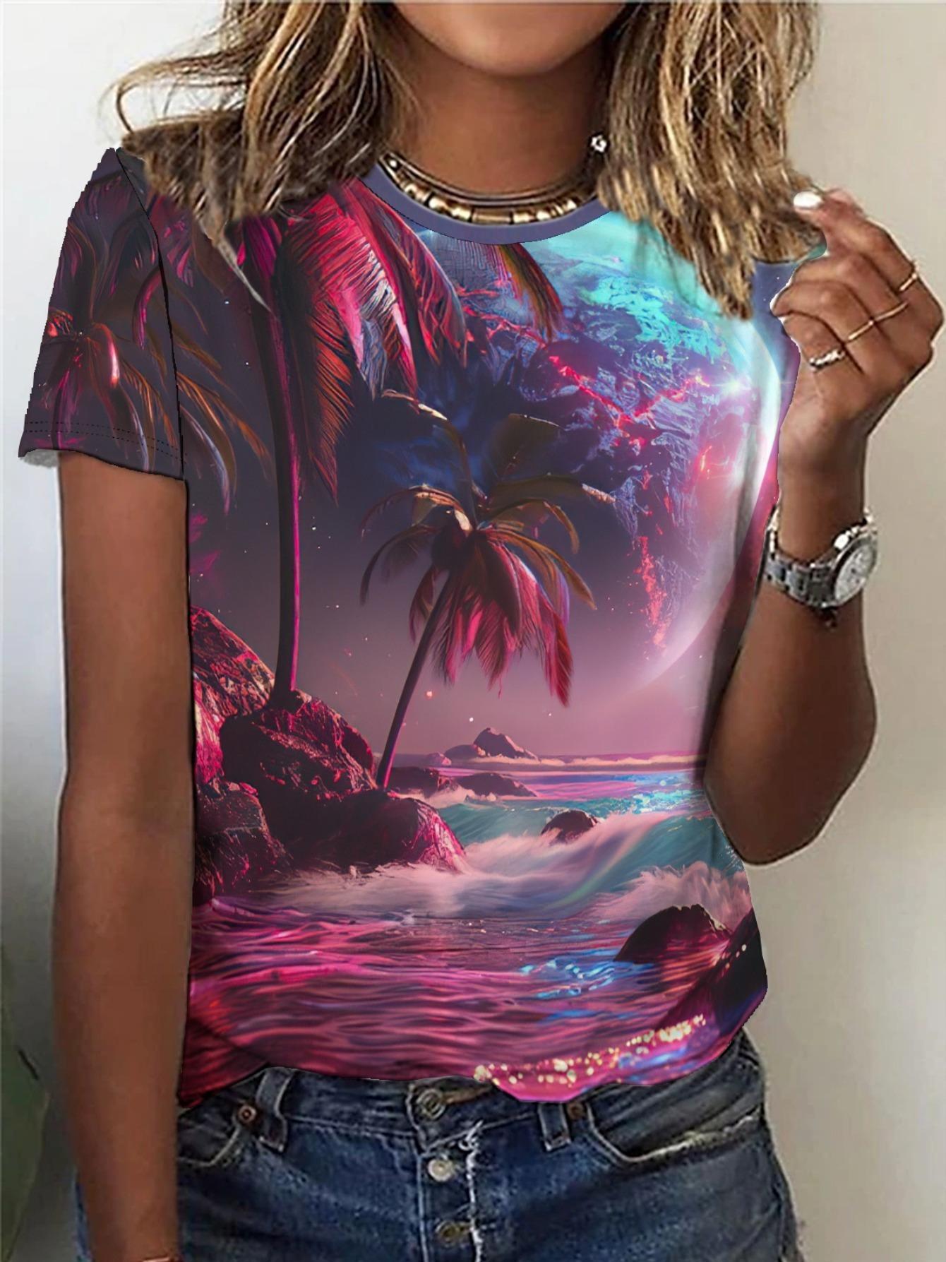 Neon Tropical Women s Tee Psychedelic Print Design for Casual Daily Wear XL