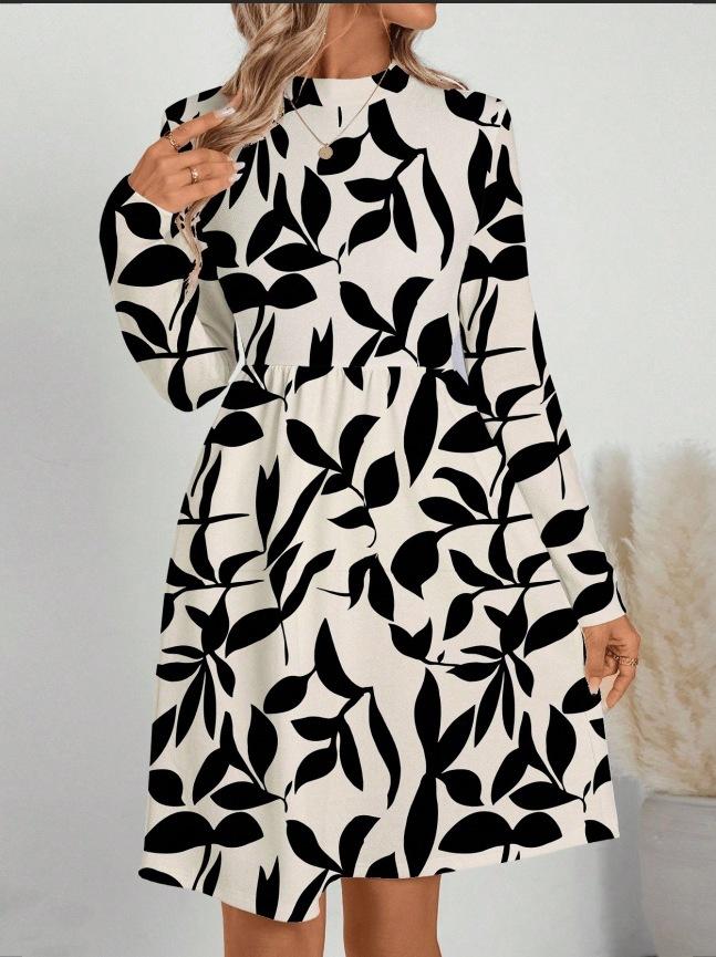 Autumn and winter new casual fashion floral printing long-sleeved stand-up collar dress women's clothing
