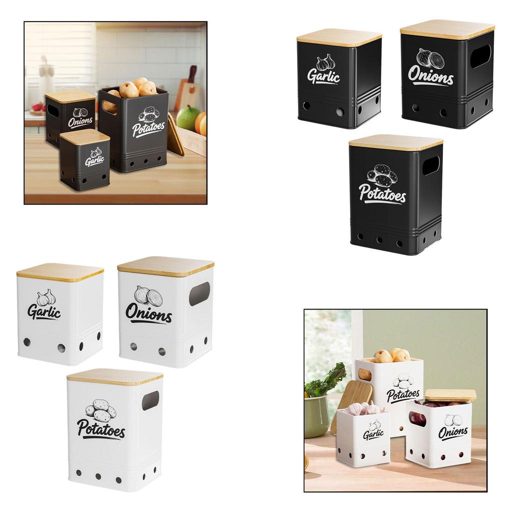 Iron Bamboo Potato Onion Garlic Storage Bins 3 Piece Organizer Set with Vent Holes for Home