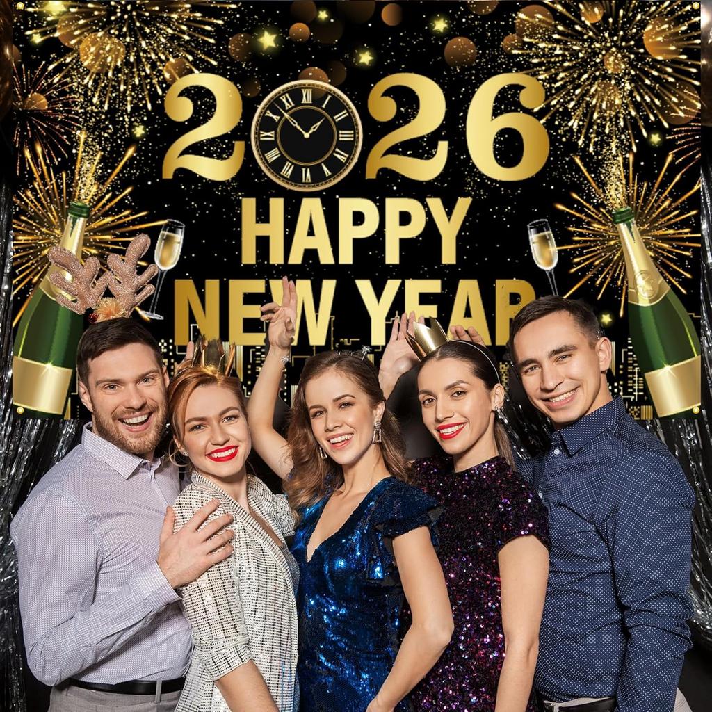 Large New Years Eve 2026 Banner, Black and Gold 2026 Happy New Year Banner, NYE Festive Party Decoration for Friends, Indoor, Outdoor, Wall Decor,