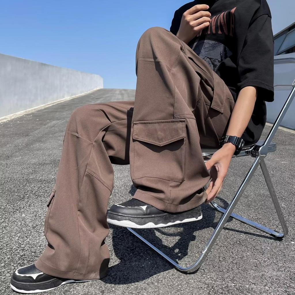 Overalls Men's Summer New Hong Kong Style Ins Solid Color Multi-pocket Casual Pants Youth Trendy Brand Loose Straight-leg Pants