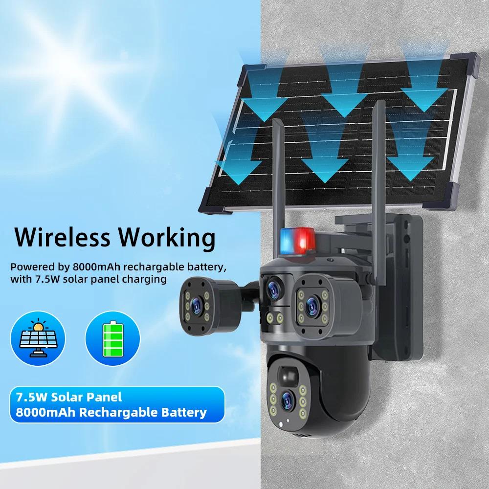 Nová 8MP 4K víceobjektivová 3obrazovková bezdrátová solárně napájená IP PTZ kamera V380 Pro pro venkovní WiFi bezpečnostní dohled 4G SIM karta CCTV kamera
