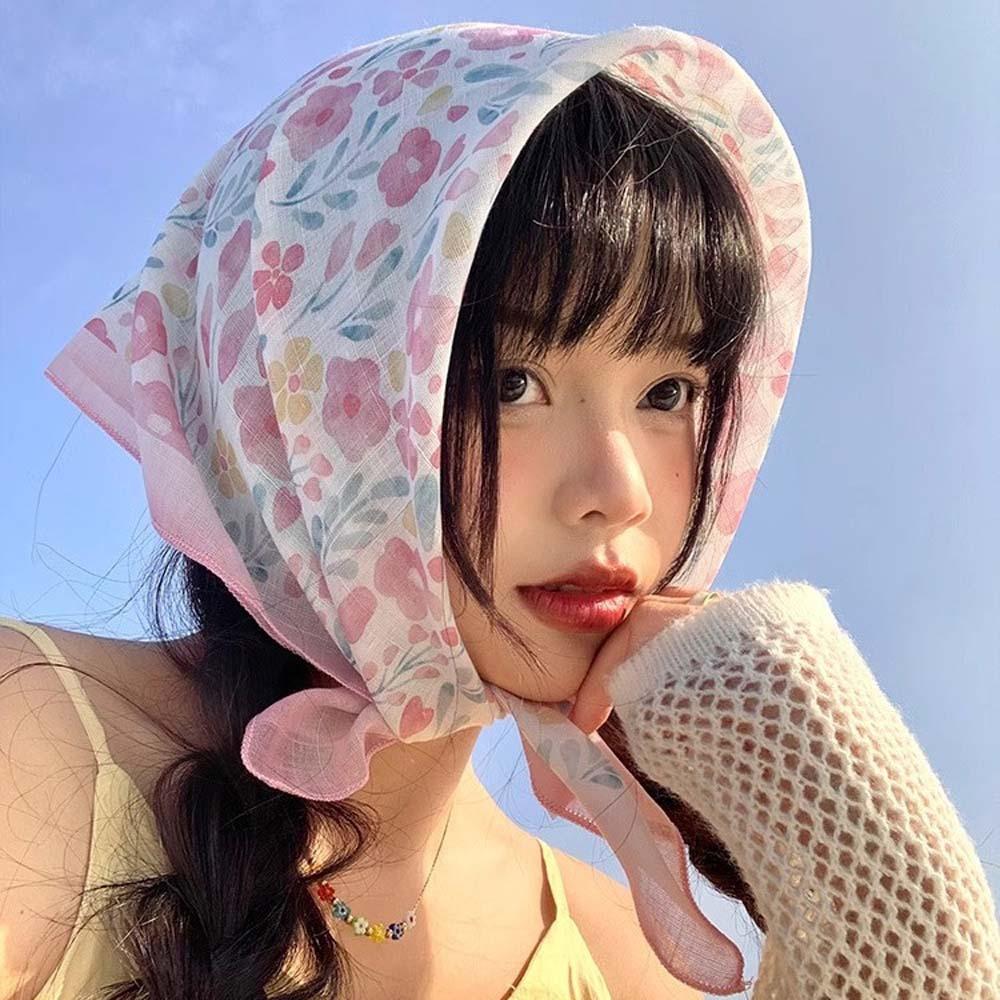 Breathable Spring Silk Scarf Sweat-absorption Square Hijab Scarf Flower Printed Headscarf  Girls