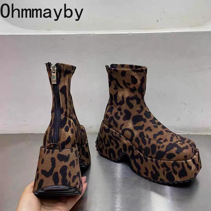 Punk Style Platform Heel Women Ankle Boots Fashion Elegant Leopard Print Shoes Autumn Winter Laides Concise Short Booties