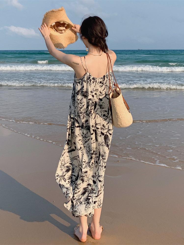 New French suspender ink painting floral beach dress women's summer outer wear texture temperament