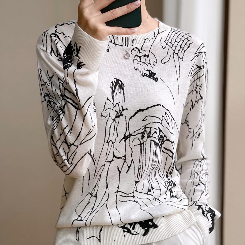 Women's Early Spring Loose Knit Pullover: Color Block Merino Wool Long Sleeve Sweater