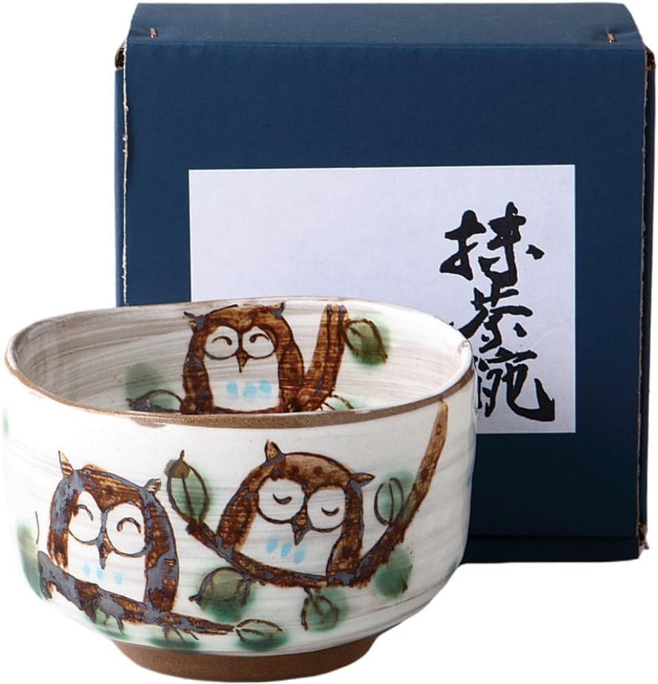Ale-net Matcha Bowl, W11.8 X D11.8 X H7.7cm, Lucky Owl Design, Ceramic, Mino Ware, Made In Japan