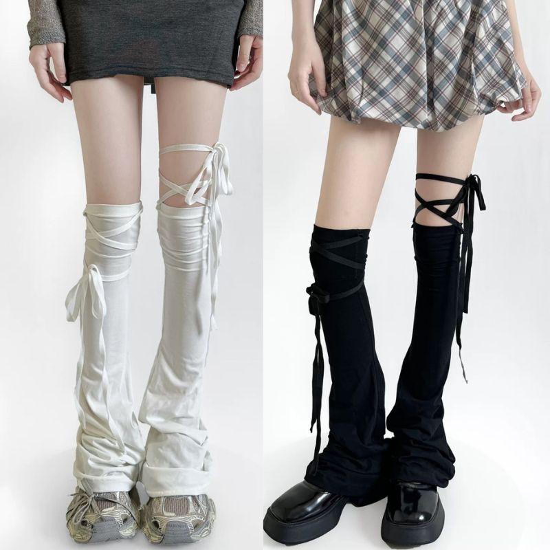 Y2K Harajuku Leg Stockings Black White Grey Gothic Lolita Over Knee High Sock Lolita Over Knee Leg Cuffs Punk Lolita Flared Sock