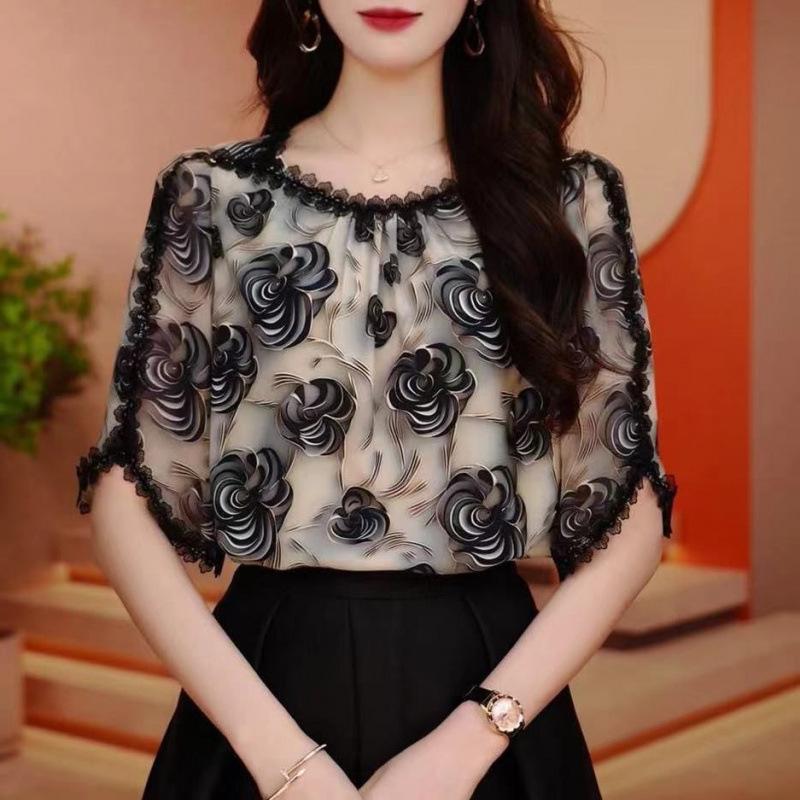 Lace Short Sleeve Shirt Summer Loose Fit Slimming Stylish Small Top Floral Edge Design