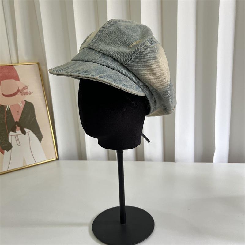 Denim octagonal newsboy hat children's new big head circumference shows the face small sunshade painter duck tongue cloud beret