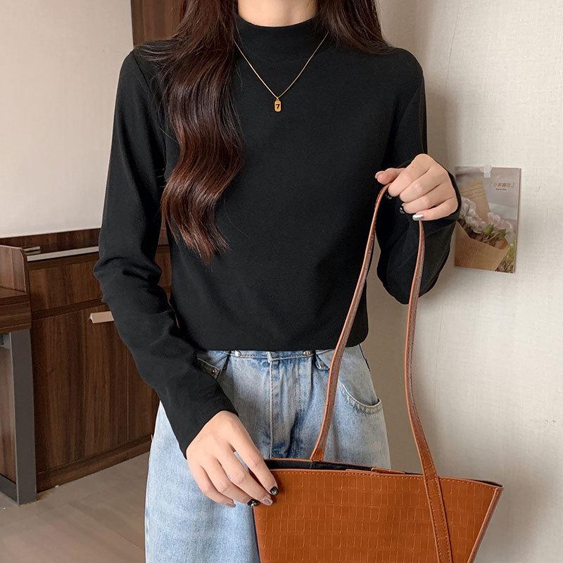 Velvet Semi-High Neck Long Sleeve Women's Modal Base Layer T-Shirt - Slimming White Autumn/Winter Fashion Top