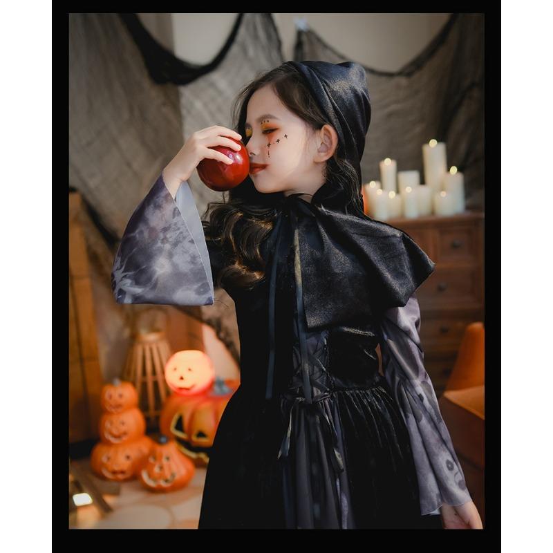 2026 Kids Skull Witch Vampire Cosplay Long Dress, Funny Horror Halloween Outfit