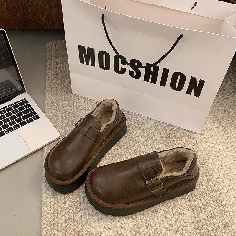 Mao Mao Shoes Women Wear New Autumn and Winter Platform Small Leather Shoes with One Pedal, Plush Warm Snow Boots Cotton Shoes