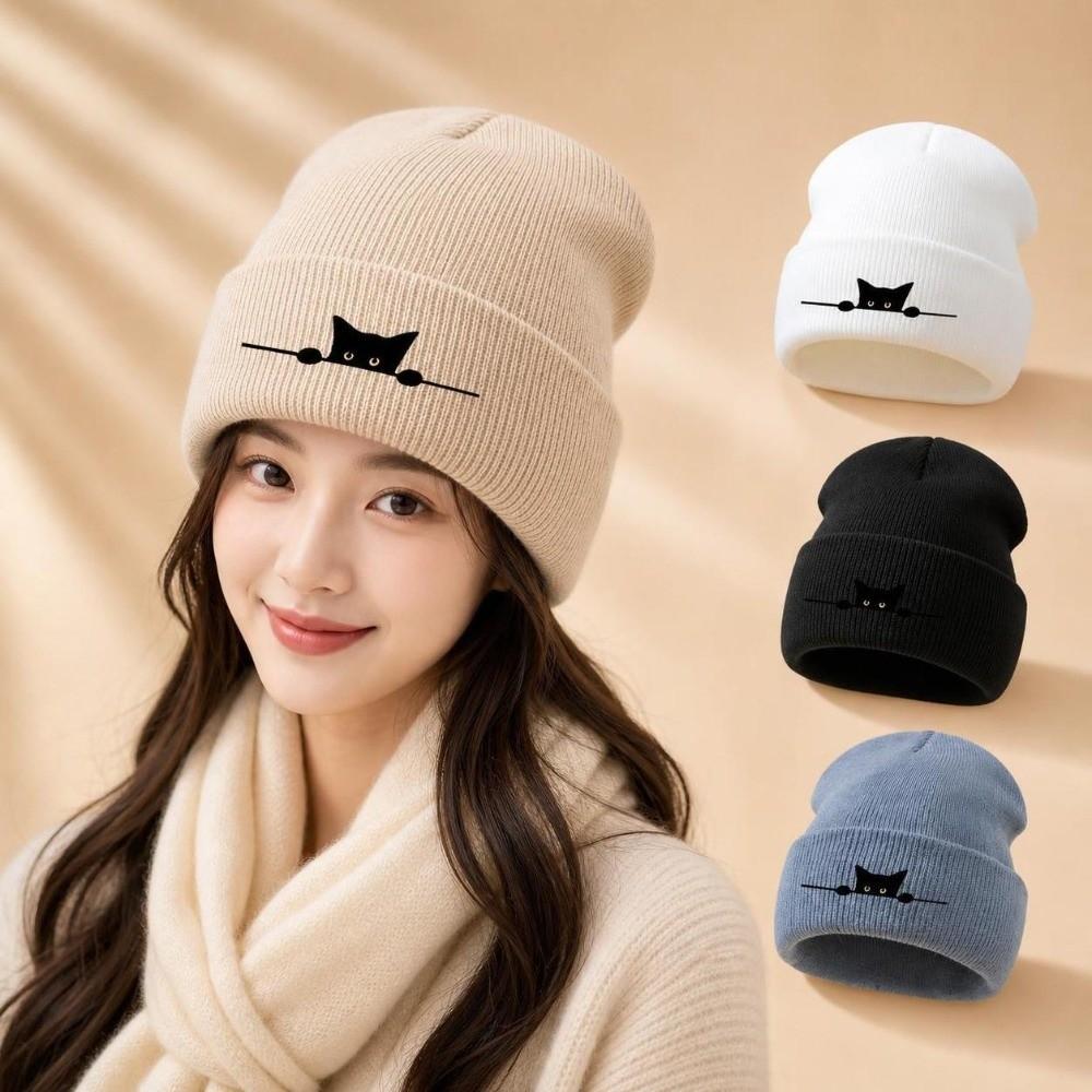 Windproof Knitted Beanie Hat Cartoon Cat Printed Pullover Cap Fashion Warm Hat  Outdoor