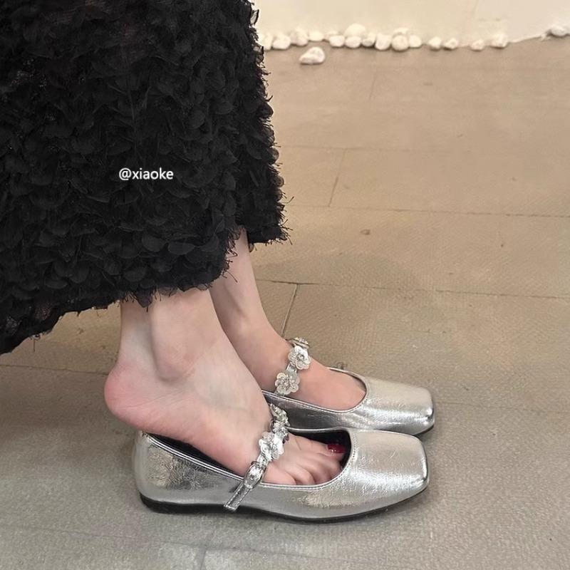 Fashion 2025 New Fashion Square Head Shallow Mouth Fold Mary Jane Shoes Women's New Fall Rhinestone Pearl Buckle Low Heel Shoes