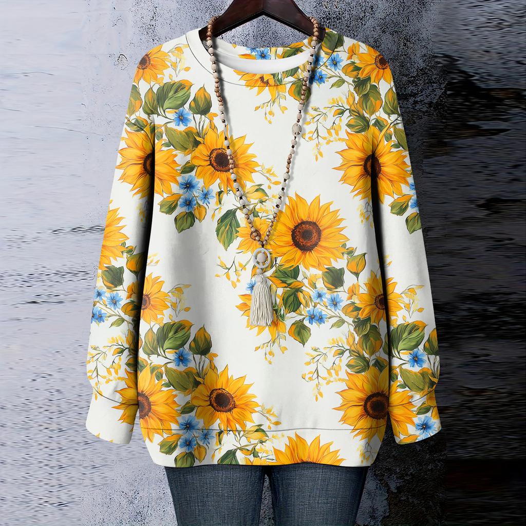 Women's Floral Print Round Neck Long Sleeved T-shirt Sweatshirt Top