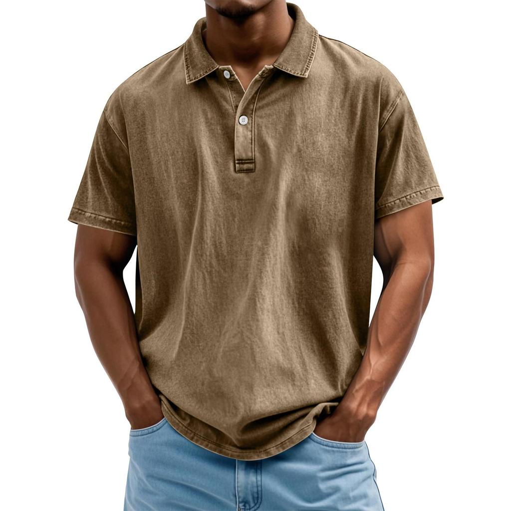 Men's Summer Solid Color Button Lapel Loose Short Sleeve Top