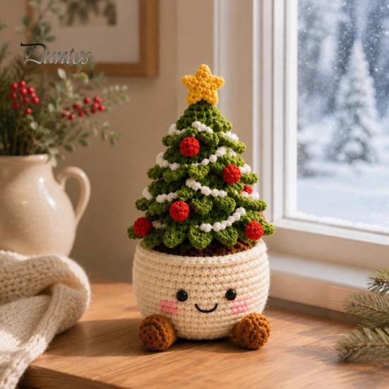 Holiday Gift Ideas for Family Simulated Crochet Christmas Potted Decor, Knitted Mini Artificial Tree Flower Handmade Crocheted Yarn Flowers Ornament,