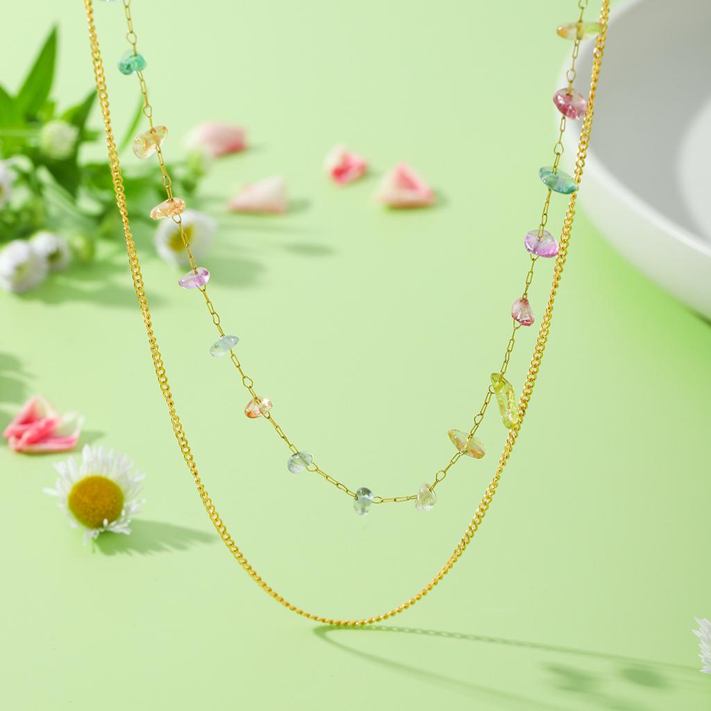 French light luxury colorful natural stone double-layer stainless steel necklace niche elegant clavicle chain