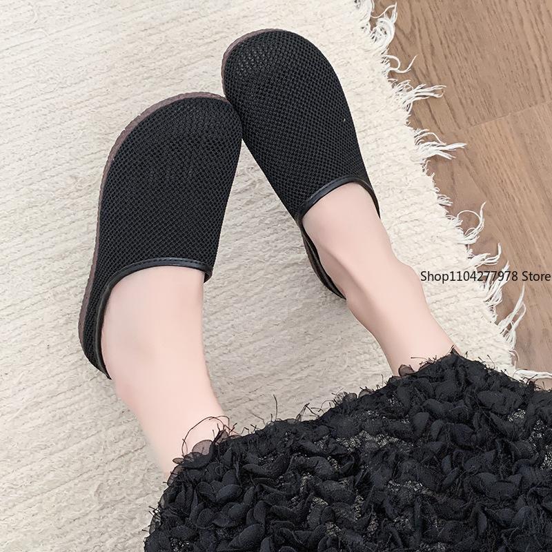 Mode Einfarbig Quadratische Zehenpartie Mesh Slipper Flache Damenschuhe Weiche Sohle Strick Ballerinas Schuhe Lässige Slipper Bootsschuhe
