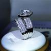 Fashion New Style 925 Silver Geometric Six-Claw White Zircon Three Rows Double Rings Women's Party Cocktail Party Traveling Jewe