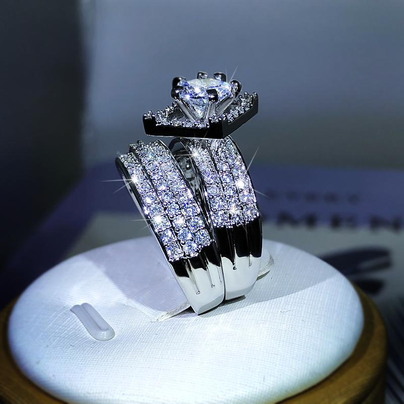 Fashion New Style 925 Silver Geometric Six-Claw White Zircon Three Rows Double Rings Women's Party Cocktail Party Traveling Jewe